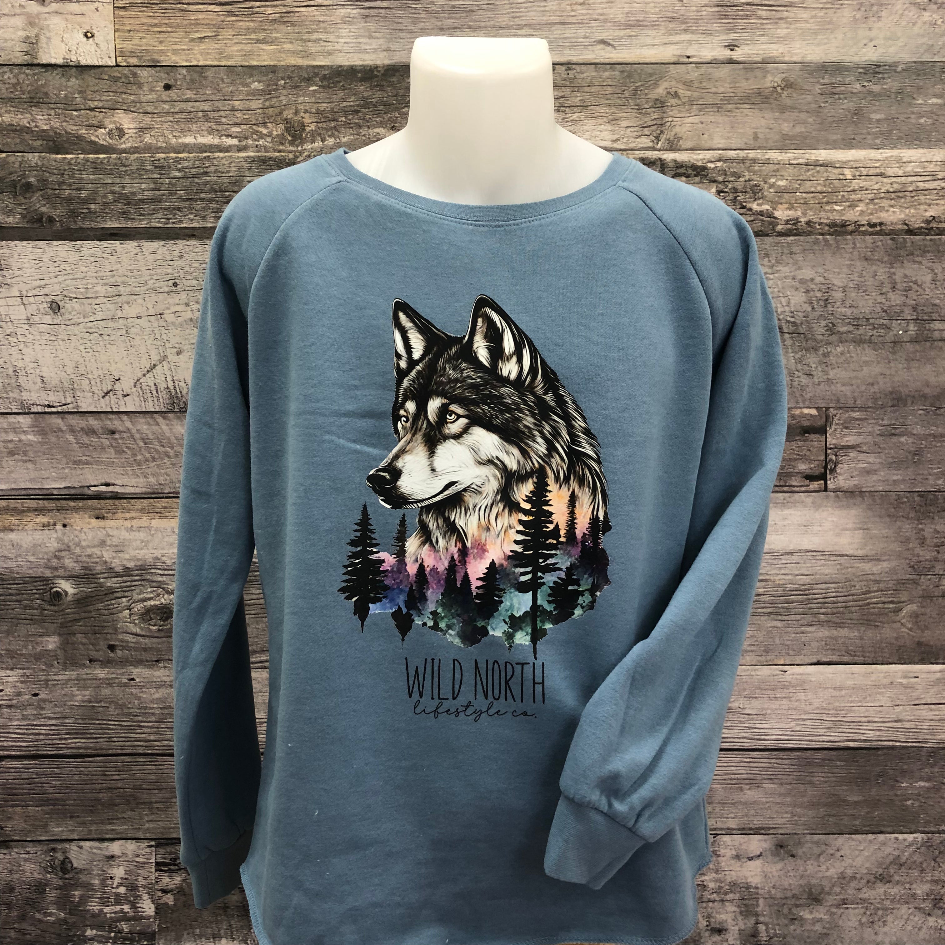 Watercolor Wolf Ladies Open Bottom Crewneck Sweatshirt - Misty Blue