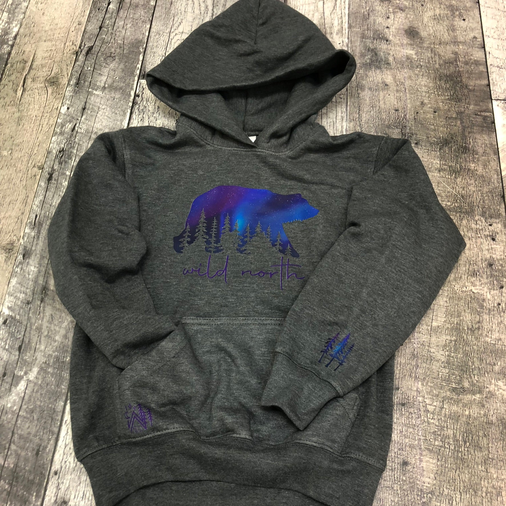 Purple Northern Lights Bear Hoodie YOUTH - Dark Grey
