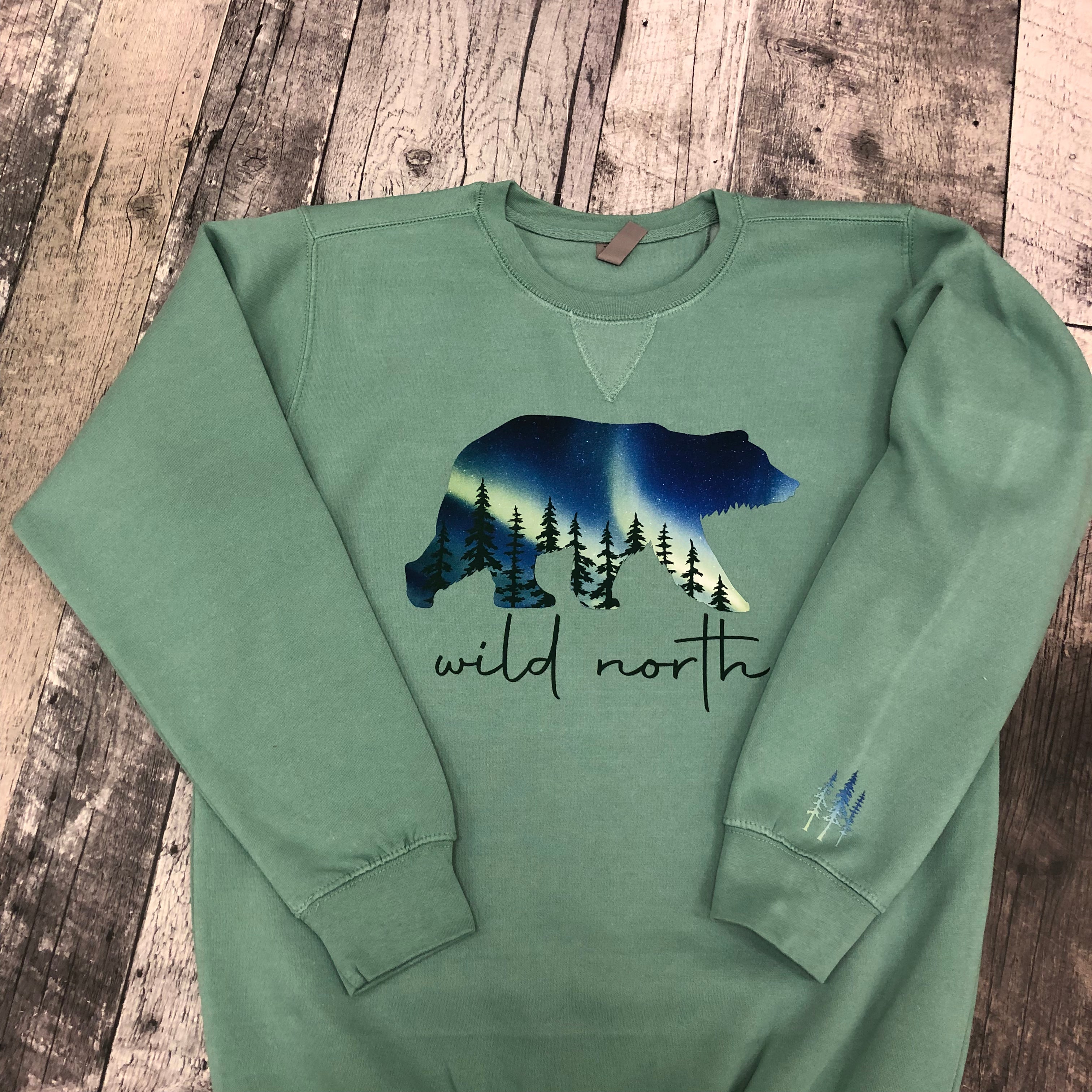 Green Northern Lights Bear Sweatshirt Unisex - Sage