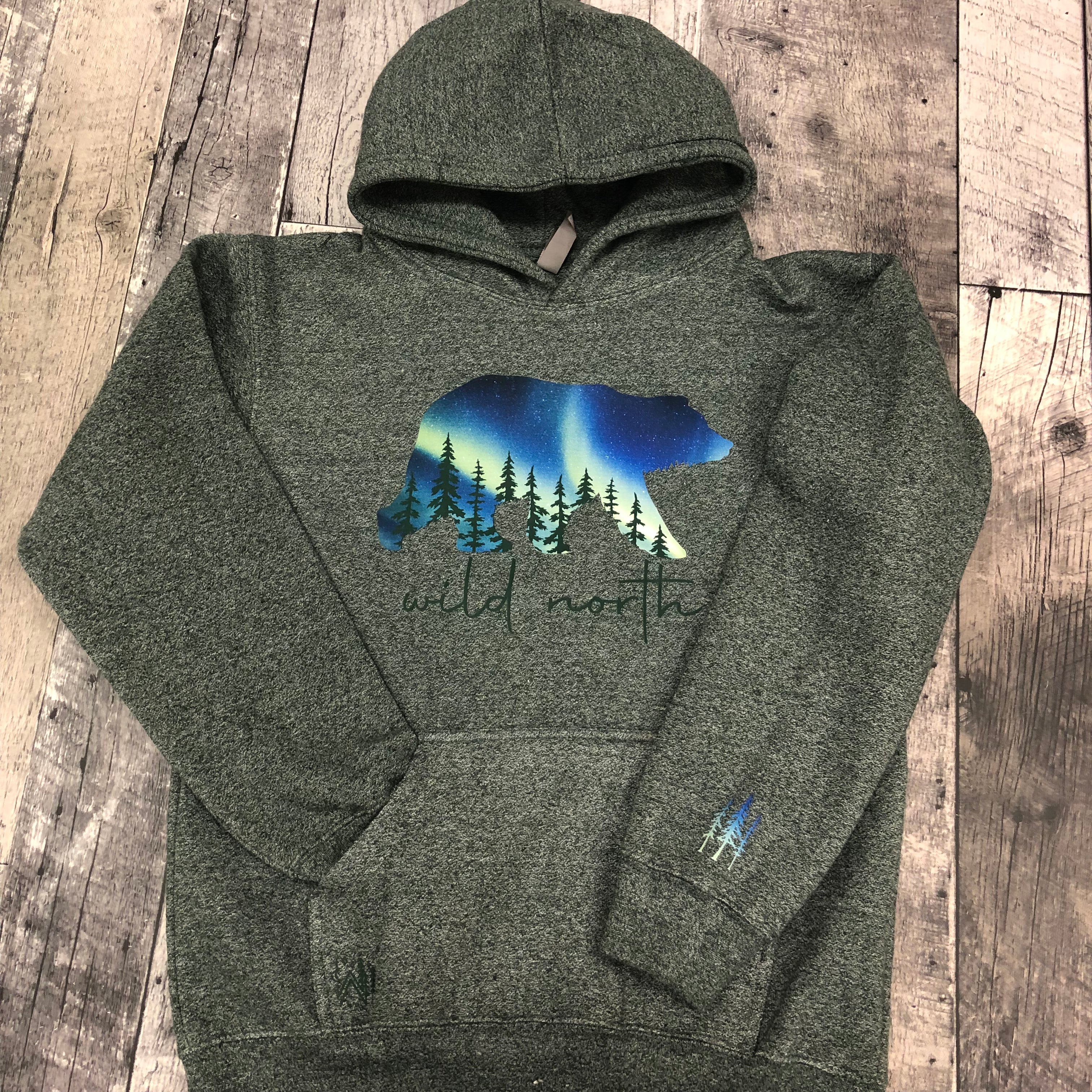 Green Northern Lights Bear Hoodie YOUTH - Heather Forest