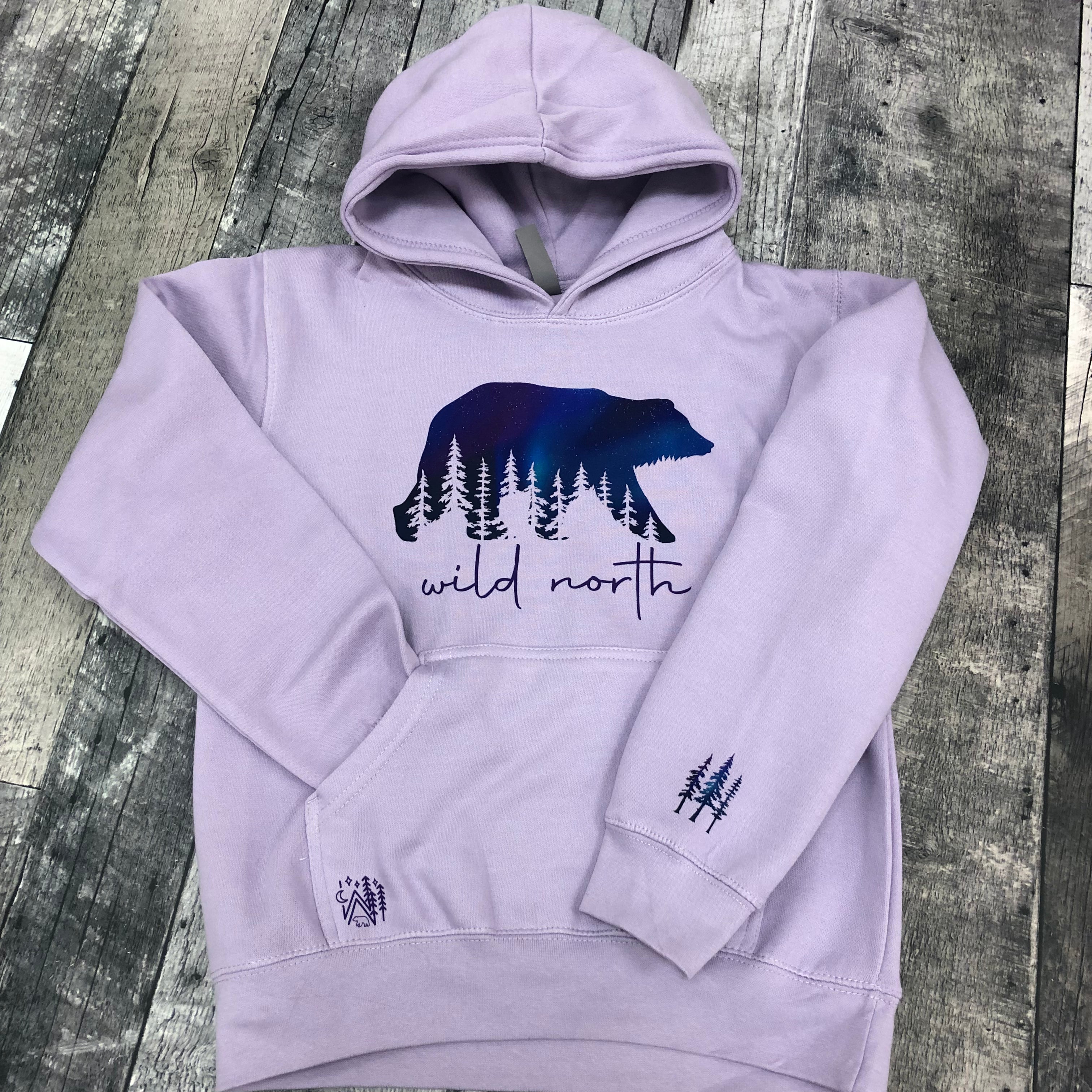 Purple Northern Lights Bear Hoodie YOUTH - Orchid