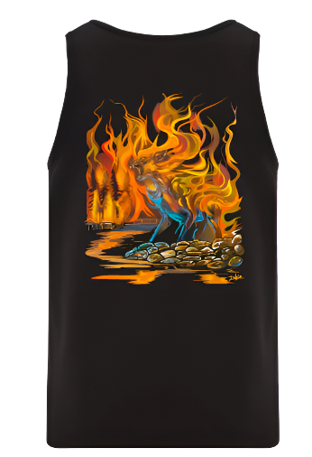 Black tank top with a fiery graphic design on a white background