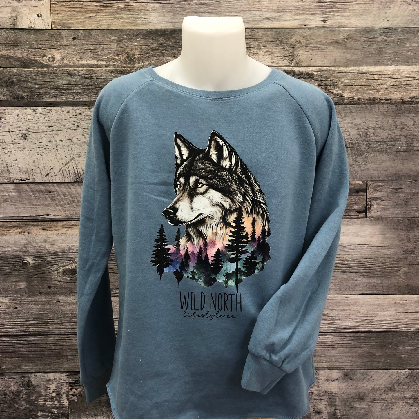 Wild North Watercolor Wolf Ladies Denim Crewneck Sweatshirt