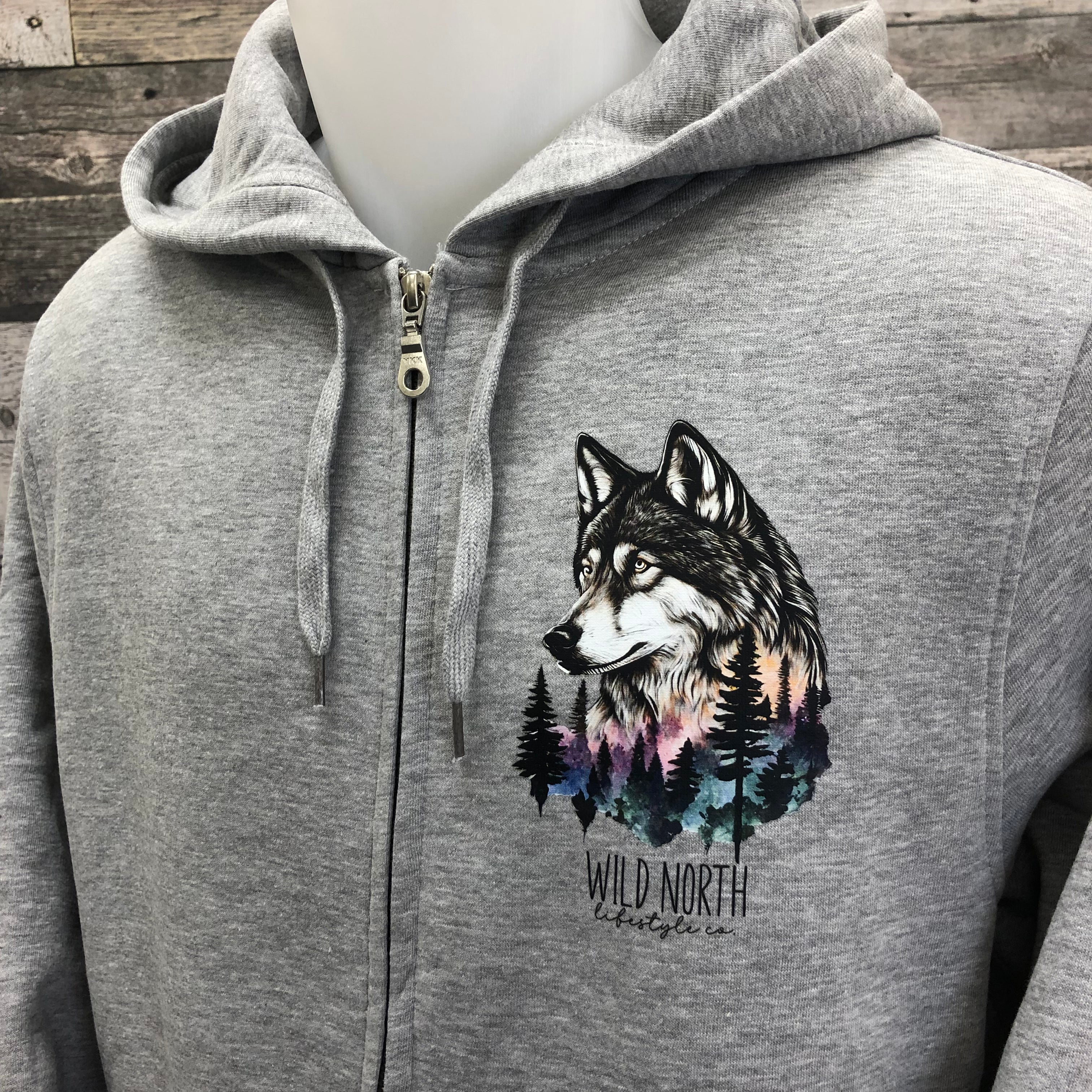 Watercolor Wolf Left Chest UNISEX Zip Up Hoodie - Athletic Grey