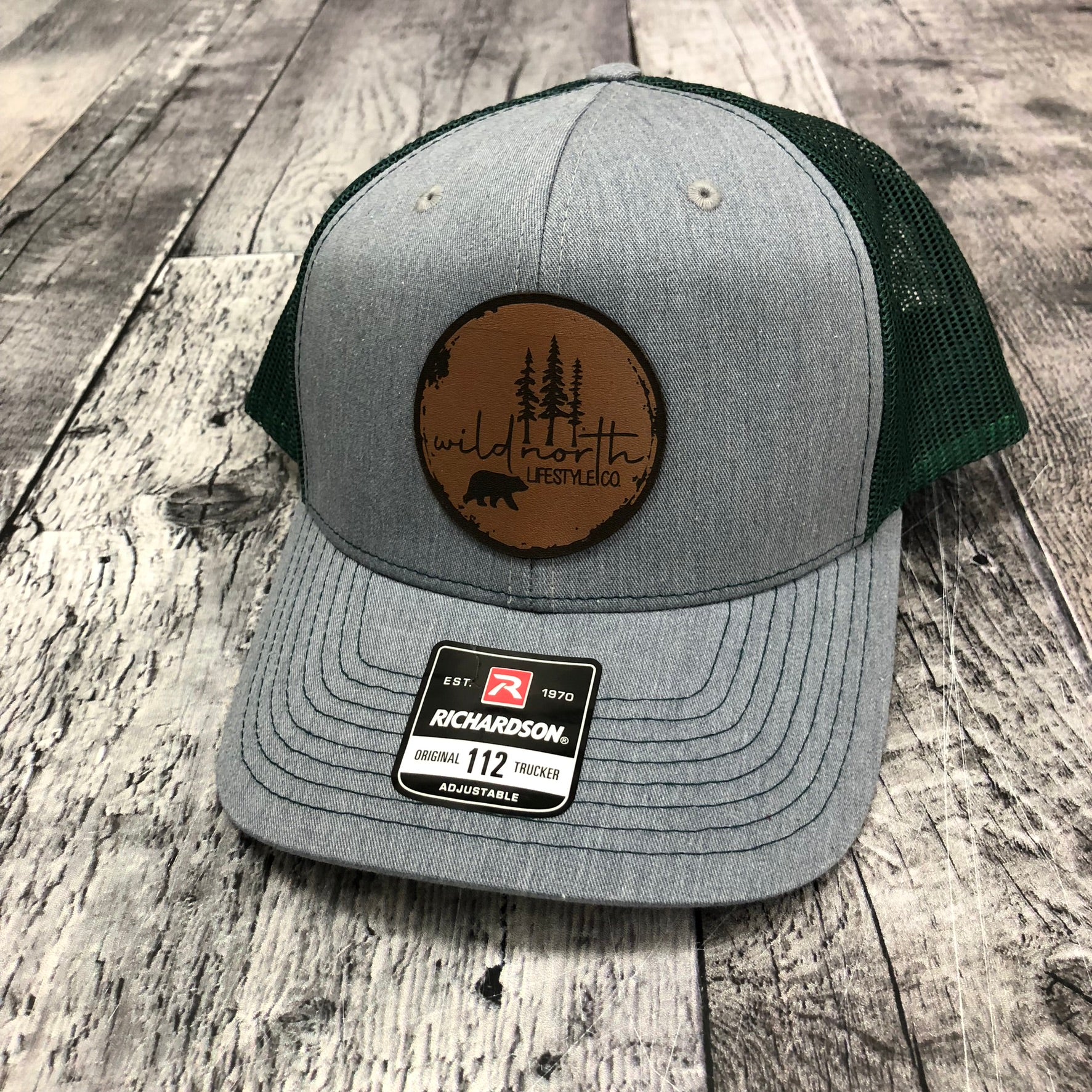 Wild North Retro Trucker Mesh Snapback - Leather Patch on Grey (forest)