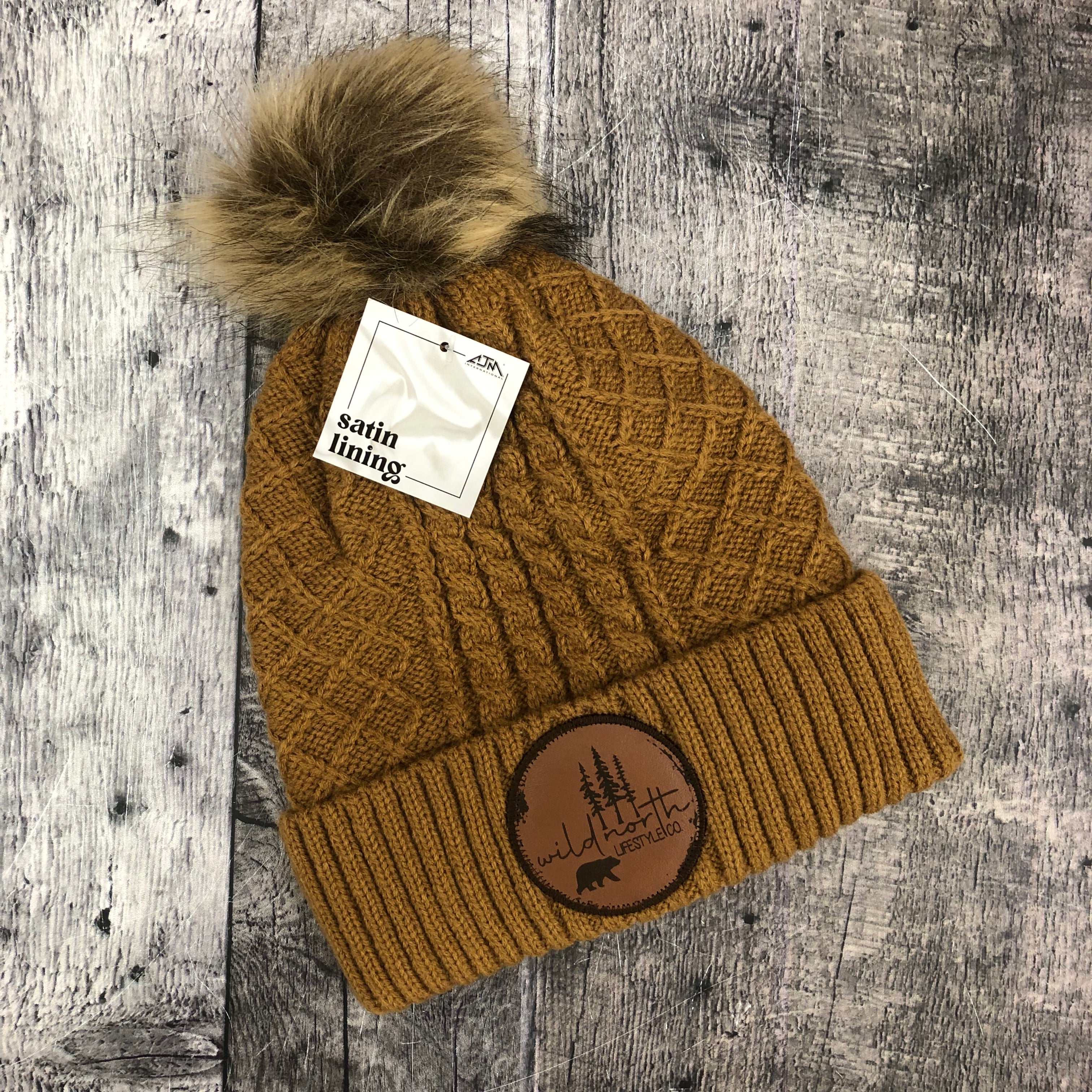 Wild North Jacquard Cable Knit Toque - Caramel Satin Lined!