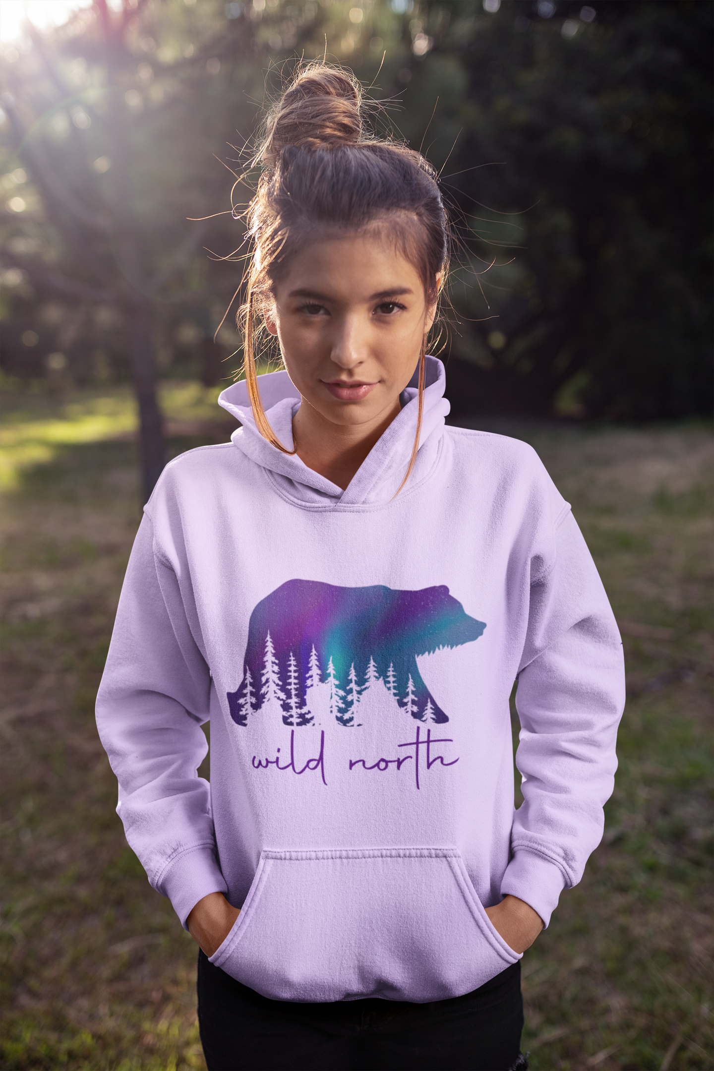 Purple Northern Lights Bear Hoodie YOUTH - Orchid